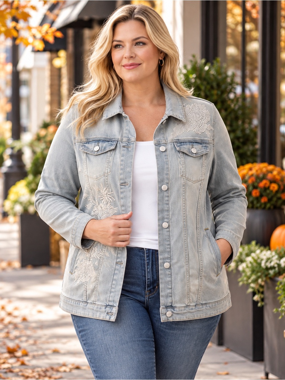 NWT Light Wash Denim Jacket 2X Floral Embroidered Jean Jacket Women’s Plus Size